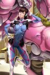  1girl artist_name ass_visible_through_thighs bangs black_eyes blurry bodysuit boots breasts brown_eyes brown_hair bubblegum building bunny_print clothes_writing covered_mouth d.va_(overwatch) depth_of_field facial_mark gloves gum hand_on_hip hand_on_own_head headphones iury_padilha leaning_to_the_side long_hair looking_at_viewer mecha one_eye_closed outdoors overwatch pilot_suit shade solo standing standing_on_one_leg swept_bangs tree whisker_markings white_gloves 