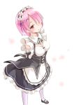  1girl arms_behind_back breasts cleavage fujishima_shinnosuke hair_over_one_eye looking_at_viewer maid maid_headdress pink_hair ram_(re:zero) re:zero_kara_hajimeru_isekai_seikatsu red_eyes short_hair simple_background solo standing white_background x_hair_ornament 