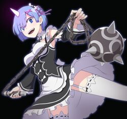  1girl blue_eyes blue_hair blush commentary_request crazy crazy_eyes crazy_smile detached_sleeves flail frills from_below garter_straps hair_ornament hair_over_one_eye horn looking_at_viewer maid morning_star nanashino re:zero_kara_hajimeru_isekai_seikatsu rem_(re:zero) ribbon short_hair solo thigh-highs weapon white_legwear x_hair_ornament 