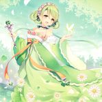 1girl :d absurdres bare_shoulders blush breasts butterfly cleavage collarbone detached_sleeves dress dutch_angle flower gem glowing green_eyes green_hair green_ribbon hair_between_eyes head_wreath highres holding_wand neck_ribbon open_mouth original ribbon short_hair smile solo sparkle wasabi_(sekai) wide_sleeves 