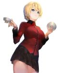  1girl aos_libido black_skirt blonde_hair blue_eyes braid breasts closed_mouth cowboy_shot cup darjeeling french_braid from_below girls_und_panzer holding holding_cup jacket legs_together long_sleeves looking_at_viewer looking_down miniskirt pleated_skirt red_jacket saucer shiny shiny_skin short_hair simple_background skirt smile solo standing teacup thighs white_background 