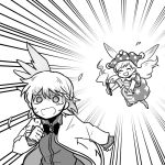  2girls ^_^ american_flag_dress chasing closed_eyes clownpiece commentary fairy_wings fleeing hat jester_cap kishin_sagume monochrome motion_lines multiple_girls shaded_face single_wing sisikuku smile tag tears torch touhou turn_pale wings 