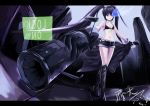  1girl 2011 belt black_bikini_top black_gloves black_hair black_rock_shooter black_rock_shooter_(character) black_shorts blue_eyes boots breasts burning_eyes cleavage collarbone dated fingerless_gloves front-tie_top gloves hair_ornament holding long_hair looking_at_viewer navel short_shorts shorts small_breasts solo twintails yan_(nicknikg) 