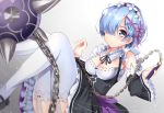  1girl :o ball_and_chain blue_eyes blue_hair breasts chain cleavage detached_collar detached_sleeves dress eyebrows flail frilled_dress frilled_sleeves frills hair_ornament hair_over_one_eye highres holding holding_weapon looking_at_viewer maid maid_headdress mary_janes open_mouth re:zero_kara_hajimeru_isekai_seikatsu rem_(re:zero) ribbon-trimmed_clothes ribbon-trimmed_collar ribbon-trimmed_sleeves ribbon_trim shoes short_hair sin-poi solo spiked_mace thigh-highs underbust weapon white_legwear x_hair_ornament 