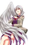  1girl bow bowtie crossed_legs dress hand_on_own_chest highres jacket kakao_(noise-111) kishin_sagume long_sleeves open_clothes open_mouth purple_dress red_eyes shirt short_dress short_hair silver_hair single_wing smile solo touhou wings 