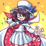  1girl alternate_color alternate_hair_color bird bow brown_eyes cape card clothes_writing glasses gloves hat hat_bow kaitou_kid kaitou_kid_(cosplay) long_sleeves low_twintails meitantei_conan necktie one_eye_closed open_mouth pote_(ptkan) red_necktie shirt short_hair skirt solo star touhou twintails usami_sumireko white_skirt 