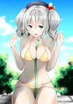  1girl alternate_costume bare_shoulders beret bikini blue_eyes breasts clouds cloudy_sky commentary_request eyebrows eyebrows_visible_through_hair hat himawarino-tane kantai_collection kashima_(kantai_collection) large_breasts long_hair looking_at_viewer open_mouth silver_hair sky solo swimsuit twintails yellow_bikini 