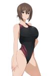  1girl bare_shoulders breasts brown_eyes brown_hair competition_swimsuit girls_und_panzer hand_on_hip large_breasts looking_at_viewer nishizumi_maho one-piece_swimsuit short_hair simple_background solo swimsuit thighs webslinger white_background 