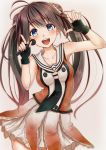  1girl :d alternate_hairstyle antenna_hair bare_shoulders black_gloves blush body_blush collarbone cosplay cowboy_shot double_bun fingerless_gloves gloves hair_ornament hair_scrunchie highres houshou_(kantai_collection) idol kantai_collection looking_at_viewer microphone naka_(kantai_collection) naka_(kantai_collection)_(cosplay) neckerchief open_mouth pleated_skirt remodel_(kantai_collection) sailor_collar sazamiso_rx school_uniform scrunchie serafuku simple_background skirt smile solo twintails white_background white_skirt 