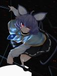  &gt;:) 1girl animal_ears black_skirt capelet commentary darkness dowsing_rod eyes foreshortening grey_hair highres jewelry long_sleeves looking_at_viewer mouse_ears mouse_tail nazrin parted_lips pendant red_eyes rihito_(usazukin) running short_hair skirt smile solo tail touhou uneven_eyes 
