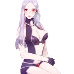  1girl alternate_costume bare_shoulders blush breasts cleavage collarbone cowboy_shot expressionless gem gloves heather37 highres irelia jewelry large_breasts league_of_legends legs_together lips lipstick long_hair looking_at_viewer makeup neck_ring nightblade_irelia purple_hair red_eyes sitting solo thighs 