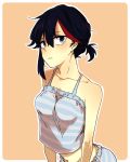  1girl black_hair blush breasts camisole closed_mouth collarbone commentary_request hair_between_eyes horizontal_stripes kill_la_kill looking_at_viewer matoi_ryuuko mittsun multicolored_hair navel open_eyes orange_background outline redhead short_hair simple_background solo stomach striped two-tone_hair upper_body 
