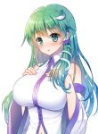  1girl aqua_eyes bare_shoulders blush breasts collared_vest detached_sleeves frog_hair_ornament green_hair hair_ornament hair_tubes hands_on_own_chest kochiya_sanae large_breasts long_hair long_sleeves looking_at_viewer mauve navel nontraditional_miko open_mouth snake_hair_ornament solo touhou upper_body white_vest wide_sleeves wing_collar 