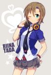  1girl ayuto brown_hair character_name green_eyes headphones idolmaster idolmaster_cinderella_girls necktie one_eye_closed short_hair smile solo tada_riina 