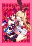  2girls :d absurdres bare_legs bat_wings belt black_gloves black_legwear blonde_hair blush boots bow collar demon_girl demon_tail detached_sleeves disgaea earrings elbow_gloves etna fang flonne flonne_(fallen_angel) gloves hairband heart heart_earrings highres holding_hands interlocked_fingers jewelry kikimi long_hair looking_at_viewer makai_senki_disgaea miniskirt mouth_hold multiple_girls navel no_socks open_mouth pocky pointy_ears prinny red_eyes redhead ribbon skirt skull_earrings small_breasts smile tail tail_bow thigh-highs thigh_boots wings zettai_ryouiki 