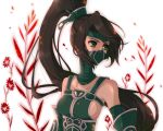  1girl akali bare_shoulders breasts brown_hair floral_background green_eyes high_ponytail kakip league_of_legends long_hair looking_afar mask open_eyes ponytail solo upper_body 