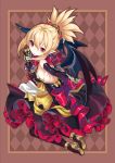  1girl absurdres bat_wings black_gloves black_legwear blonde_hair blush bow breasts cup demon_girl disgaea dress earrings elbow_gloves food gloves highres ice_cream jewelry kikimi looking_at_viewer makai_senki_disgaea_2 pointy_ears red_bow red_eyes rozalin solo spoon strapless strapless_dress wings yellow_bow 