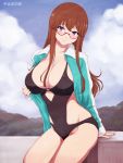  1girl arm_at_side bangs black_swimsuit breasts brown_hair character_name cleavage closed_mouth clouds collarbone cowboy_shot glasses groin hair_between_eyes head_tilt jacket jacket_over_swimsuit kuromukuro large_breasts long_hair niwatori_kokezou one-piece_swimsuit open_clothes open_jacket outdoors red-framed_glasses sidelocks sky solo swimsuit track_jacket unami_marina violet_eyes 