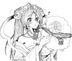  1girl :o alternate_costume animal bare_shoulders breasts character_request chinese_clothes cleavage dress guqin_sona holding holding_animal horns jewelry large_breasts league_of_legends long_hair long_sleeves looking_at_another monochrome necklace otani_(kota12ro08) scarf sheep sheep_horns sona_buvelle twintails twitter_username 
