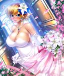  1girl bare_shoulders beads blonde_hair blue_eyes blush bouquet breasts cleavage dress earrings elbow_gloves feet_out_of_frame female flower gloves hair_flower hair_ornament highres holding holding_bouquet igawa_sakura jewelry kagami_hirotaka large_breasts lilith-soft lipstick looking_at_viewer makeup necklace pearl_necklace petals pink_ribbon ribbon short_hair smile solo strapless strapless_dress taimanin_asagi taimanin_asagi_battle_arena tears wedding_dress white_dress white_gloves 