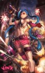  1girl alternate_breast_size asymmetrical_clothes blue_hair braid breasts bullet covered_nipples detached_sleeve explosion fingerless_gloves gloves highres jinx_(league_of_legends) large_breasts league_of_legends long_hair midriff navel red_eyes rope_play shorts sideboob single_thighhigh solo tattoo thigh-highs thigh_strap twin_braids very_long_hair weapon 