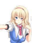  1girl alice_margatroid awkward_pose blonde_hair blue_eyes blush capelet commentary_request forced_smile hairband outstretched_arm puffy_short_sleeves puffy_sleeves self_shot shigemiya_kyouhei short_sleeves solo sweat touhou trembling uneven_eyes upper_body v wavy_mouth white_background 
