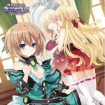  2girls bare_shoulders blanc blonde_hair blue_eyes breasts brown_hair cleavage cosplay costume_switch jpeg_artifacts kami_jigen_game_neptune_v large_breasts long_hair multiple_girls neptune_(series) official_art short_hair smile tsunako vert very_long_hair 