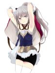  1girl armpits arms_up atelier_(series) atelier_meruru atelier_totori black_shorts brown_hair commentary_request cosplay cowboy_shot grey_eyes hair_ornament highres long_hair looking_at_viewer maromi_(am97) mimi_houllier_von_schwarzlang mimi_houllier_von_schwarzlang_(cosplay) shorts silver_hair simple_background smile solo thigh-highs thighs totooria_helmold very_long_hair white_background white_legwear 