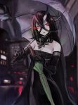  1girl bare_shoulders battleship_water_oni black_dress black_gloves black_hair blush breasts city city_lights dress elbow_gloves gloves glowing glowing_eyes hair_between_eyes holding holding_umbrella horn kantai_collection large_breasts long_hair looking_at_viewer night oni_horns open_mouth rain red_eyes shinkaisei-kan sleeveless sleeveless_dress solo strapless strapless_dress umbrella very_long_hair weasel_(close-to-the-edge) 