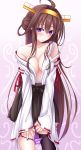  1girl ahoge bare_shoulders blush breasts brown_hair cleavage hair_bun hairband highres kantai_collection kongou_(kantai_collection) large_breasts long_hair looking_at_viewer nontraditional_miko open_mouth solo underwear very_long_hair violet_eyes wide_sleeves yoye_(pastel_white) 