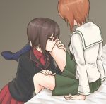  2girls arm_support brown_eyes brown_hair girls_und_panzer green_skirt hand_on_another&#039;s_thigh incest kiss kissing_thigh kneehighs leg_up long_sleeves multiple_girls mutsu_(layergreen) nishizumi_maho nishizumi_miho pleated_skirt red_skirt school_uniform serafuku short_hair siblings sisters sitting skirt uniform yuri 