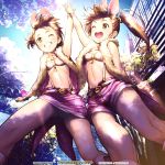 2016 2girls ;) ;d animal_ears arm_at_side arm_up armpits ass_visible_through_thighs bandeau bangs belt blue_sky boots brown_eyes brown_hair buckle building choker copyright_name ek_masato from_below fur_trim futami_ami futami_mami grin hair_ornament idolmaster legs_apart matching_outfit miniskirt multiple_girls navel one_eye_closed open_clothes open_mouth open_vest outdoors pink_shorts pink_skirt rabbit_ears shade shorts siblings side_ponytail sisters skirt sky skyscraper sleeveless smile standing star stomach sunlight suspender_shorts suspender_skirt suspenders teeth traffic_light tree twins upskirt vest 