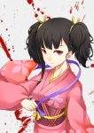  1girl asya black_hair blood highres japanese_clothes kimono koutetsujou_no_kabaneri looking_at_viewer mumei_(kabaneri) purple_ribbon red_eyes ribbon solo twintails untied 