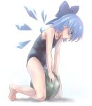  1girl artist_request bare_arms bare_legs bare_shoulders barefoot black_swimsuit blue_bow blue_eyes blue_hair bow cirno collarbone covered_navel detached_wings food from_side fruit full_body hair_bow ice ice_wings kneeling looking_down profile school_swimsuit short_hair smile solo swimsuit toes touhou watermelon white_background wings 
