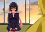  1girl blush classroom commentary_request gift highres kure~pu original scarf school_uniform skirt solo valentine 