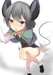  &gt;:o 1girl :o animal_ears black_dress capelet dress eyes_visible_through_hair grey_hair highres hiiragi_ken long_sleeves mouse_ears mouse_girl mouse_tail nazrin open_mouth panties panties_around_one_leg panty_pull perspective red_eyes shirt short_dress short_hair solo standing standing_on_one_leg tail thighs touhou underwear white_panties white_shirt 