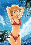  1girl arms_behind_head beach bikini blonde_hair blue_eyes highres kantai_collection long_hair parsue prinz_eugen_(kantai_collection) solo standing swimsuit twintails 