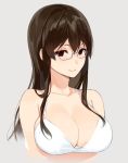  1girl bikini blush breasts brown_hair cleavage glasses grey_background long_hair looking_at_viewer red_eyes sakuramachi_touko sasamori_tomoe simple_background smile solo succubus_stayed_life swimsuit white_bikini 