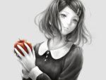  1girl apple food fruit hair_ornament hairclip holding holding_fruit looking_away monochrome nuwanko original parted_lips shirt solo spot_color 
