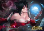  1girl absurdres ahri animal_ears artist_name bare_shoulders black_hair breasts cleavage copyright_name dated detached_sleeves energy_ball fox_ears highres large_breasts league_of_legends long_hair slit_pupils solo whisker_markings yellow_eyes yuudokou_shounen 