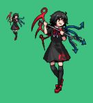  1girl :d ahoge asymmetrical_wings black_dress black_hair bow buttons dress full_body green_background holding holding_weapon houjuu_nue ichiba_youichi mary_janes multiple_views open_mouth pixel_art polearm red_bow red_eyes red_shoes shoe_bow shoes short_dress short_hair short_sleeves simple_background smile standing thigh-highs touhou trident weapon wings zettai_ryouiki 