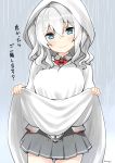  1girl absurdres artist_name blue_eyes blush breasts commentary grey_skirt highres kantai_collection kashima_(kantai_collection) large_breasts lifted_by_self long_hair looking_at_viewer pleated_skirt rain raincoat raincoat_lift ryuki_(ryukisukune) silver_hair skirt smile solo translated tsurime wavy_hair 