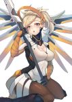  1girl :o bangs between_legs black_boots blonde_hair blue_eyes boots breasts brown_legwear cleavage gloves head_tilt high_ponytail holding holding_weapon leotard long_hair looking_at_viewer mechanical_halo mechanical_wings mercy_(overwatch) overwatch pantyhose ponytail shade simple_background sitting solo vococo wariza weapon white_background wings 