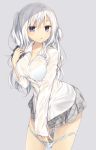  1girl bow bow_panties bra buttons collarbone collared_shirt grey_eyes grey_skirt highres kantai_collection kashima_(kantai_collection) komeshiro_kasu long_sleeves panties panty_pull pleated_skirt see-through shirt silver_hair simple_background skirt solo twintails underwear wet wet_clothes wet_shirt white_shirt 