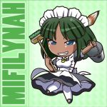  1girl apron black_dress blue_eyes broom bucket character_name chibi dark_skin dress green_hair grin lowres maid maid_apron maid_headdress mifilinah_jegell original puffy_short_sleeves puffy_sleeves rakurakutei_ramen short_sleeves smile solo thigh-highs upskirt white_legwear 