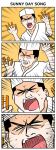  1boy 4koma arms_up artist_request black_hair chef_hat chef_uniform close-up comic dancing emphasis_lines face flat_top_chef_hat glowstick hat highres kousaka_honoka&#039;s_father love_live!_school_idol_project solo upper_body wince 