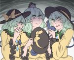  3girls black_hat bow green_eyes green_hair hat hat_bow hat_removed hat_ribbon headwear_removed holding holding_hat komeiji_koishi mefomefo multiple_girls multiple_persona on_head phone ribbon scared shirt sweat third_eye touhou upper_body whispering wide_sleeves yellow_bow yellow_ribbon yellow_shirt 