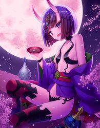  1girl alcohol bare_shoulders blush cherry_blossoms choker fang fate/grand_order fate_(series) highres horns japanese_clothes kimono kuro_futoshi looking_at_viewer midriff moon off_shoulder oni open_mouth pale_skin petals purple_hair revealing_clothes sakazuki sake short_hair shuten_douji_(fate/grand_order) sitting small_breasts smile solo thigh-highs violet_eyes 