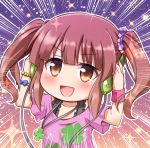  1girl bangs blush bracelet brown_eyes brown_hair chibi commentary_request emphasis_lines four-leaf_clover_necklace headphones idolmaster idolmaster_cinderella_girls jewelry long_hair looking_at_viewer necklace nichika_(nitikapo) ogata_chieri open_mouth scrunchie smile solo twintails wristband 