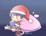  1girl artist_request blob blue_eyes blue_hair book chibi doremy_sweet dress hat nightcap pom_pom_(clothes) short_hair smile solo tail touhou 